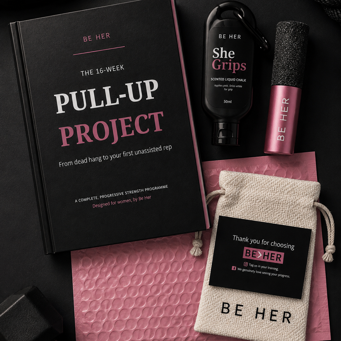 The Pull-Up Project Kit — She Grips liquid chalk, the She Holds callus file, and the 16-week Pull-Up Project guide