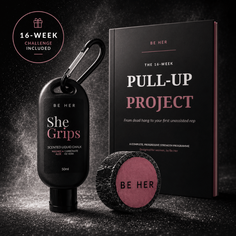 The Pull-Up Project Kit — She Grips liquid chalk, Be Her grip tape, and the 16-week Pull-Up Project guide
